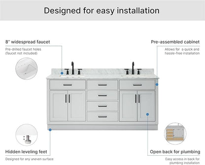 ARIEL Hepburn 72-inch Bathroom Vanity with Sink,Solid Wood, 0.75-inch Italian Carrara Marble Countertop, Double Rectangular Porcelain Sink, 4 Soft Closing Doors, 6 Dovetail Drawers, Grey