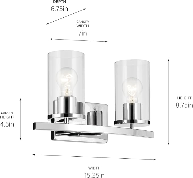 Kichler Crosby 15.25" 2-Light Vanity Light with Clear Glass in Chrome, for Bathroom, Powder Room, (15.25" x 8.75"), 45496CHCLR