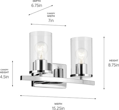 Kichler Crosby 15.25" 2-Light Vanity Light with Clear Glass in Chrome, for Bathroom, Powder Room, (15.25" x 8.75"), 45496CHCLR