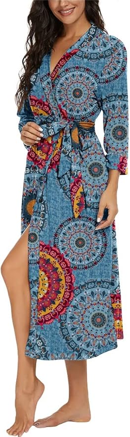 VINTATRE Women Kimono Robes Long Knit Bathrobe Lightweight Soft Knit Sleepwear V-neck Casual Ladies Loungewear
