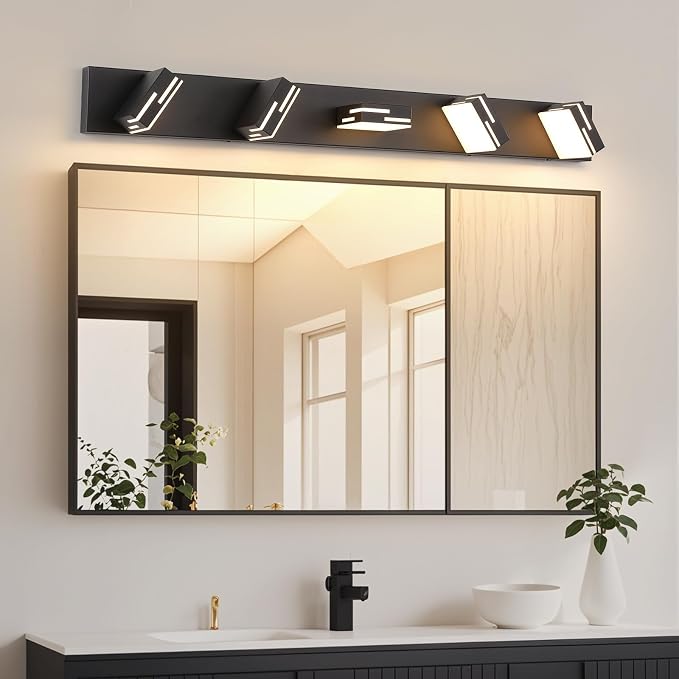 5-Light 5CCT Modern Bathroom Vanity Light Fixtures, 40-Inch 350° Rotatable LED Vanity Lights Over Mirror, Dimmable Matte Black Metal Wall Sconce 2700K-6000K Selectable