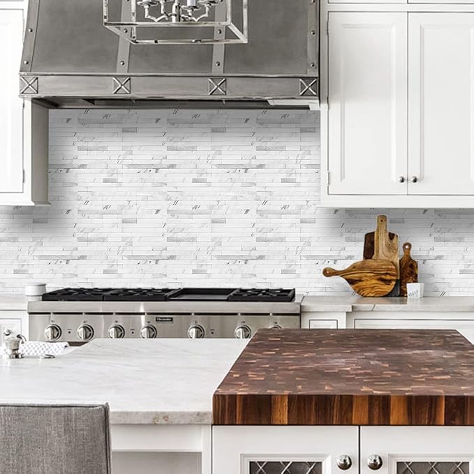 DICOFUN 10-Sheet Peel and Stick Backsplash Tile, Faux White Marble Look PVC Mixed Metal Stick on Backsplash Tiles for Kitchen and Bathroom, 9.4 sq.ft