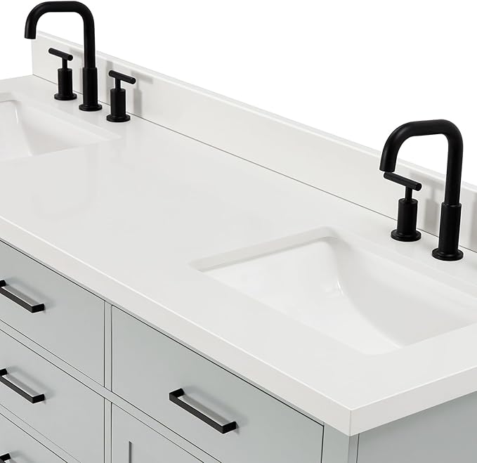 ARIEL Hepburn 66-inch Bathroom Vanity with Sink,Solid Wood, 1.5-inch Pure White Quartz Countertop & Backsplash, Double Rectangular Porcelain Sink, 4 Soft Closing Doors, 6 Dovetail Drawers, Grey