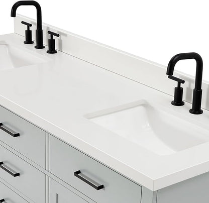 ARIEL Hepburn 66-inch Bathroom Vanity with Sink,Solid Wood, 1.5-inch Pure White Quartz Countertop & Backsplash, Double Rectangular Porcelain Sink, 4 Soft Closing Doors, 6 Dovetail Drawers, Grey