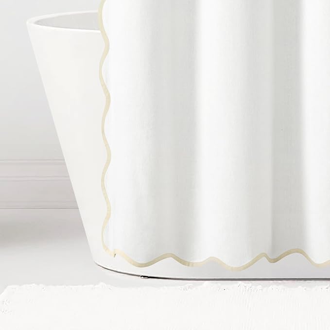 Lush Decor Coastal Chic Scallop Edge Linen-Textured Shower Curtain, Single 72" W x 72" L, Neutral & White - Scalloped Shower Curtains - Coastal Bathroom Curtain