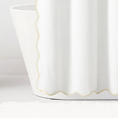 Lush Decor Coastal Chic Scallop Edge Linen-Textured Shower Curtain, Single 72" W x 72" L, Neutral & White - Scalloped Shower Curtains - Coastal Bathroom Curtain