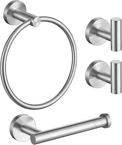 TURS Brushed Steel Towel Ring Toilet Paper Holder Towel Hooks 4-Pieces Bathroom Towel Holder Set SUS304 Stainless Steel Bathroom Accessories Kit Wall Mounted