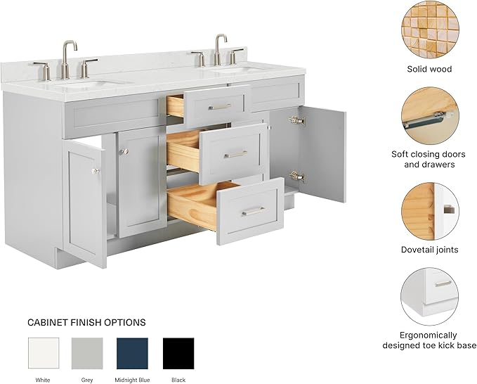 ARIEL Hamlet 72-inch Bathroom Vanity with Sink,Solid Wood, 1.5-inch Carrara White Quartz Countertop & Backsplash, Double Rectangular Porcelain Sink, 4 Soft Closing Doors, 3 Dovetail Drawers, Grey