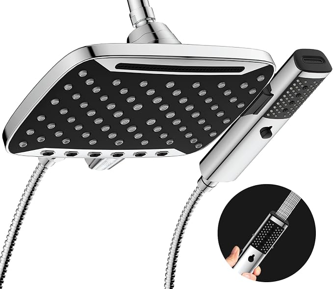 JDO High Pressure Rain Shower Head with Handheld Spray Silver | 7 Modes Dual Shower Head, 10-inch Rainfall Showerheads Combo, Detachable Hand Held Shower Wand, Power Jets, 71" Hose