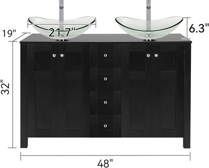 48 Inch Bathroom Vanity with Sink, Traditional Freestanding Black Bathroom Vanity Cabinet, Pedestal Cabinet with Two Boat Clear Glass Vessel Sinks