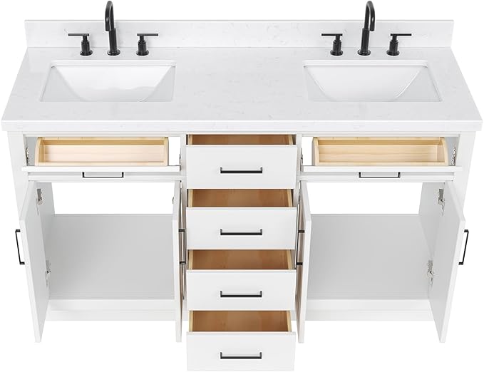 ARIEL Hepburn 60-inch Bathroom Vanity with Sink,Solid Wood, 1.5-inch Carrara White Quartz Countertop & Backsplash, Double Rectangular Porcelain Sink, 4 Soft Closing Doors, 6 Dovetail Drawers, White