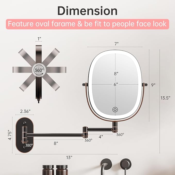 FUNTOUCH 5000mAh Rechargeable Wall Mounted Lighted Makeup Mirror, Bronze | Double Sided 30X/1X Magnifying Mirror Wall Mounted,Extended Arm 360°Rotation,Touch Dimmable,3 Color Lights for Bathroom