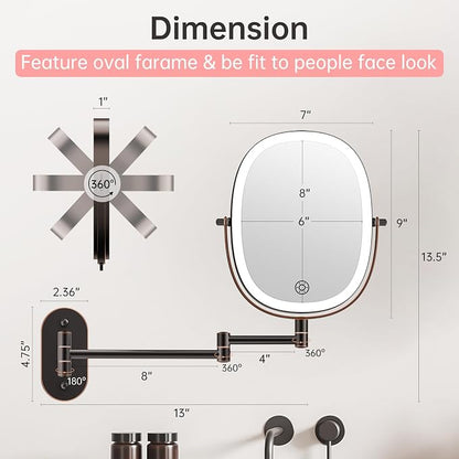 FUNTOUCH 5000mAh Rechargeable Wall Mounted Lighted Makeup Mirror, Bronze | Double Sided 30X/1X Magnifying Mirror Wall Mounted,Extended Arm 360°Rotation,Touch Dimmable,3 Color Lights for Bathroom