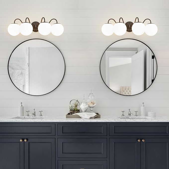 4 Lights Vintage Bathroom Vanity Light Fixtures Over Mirror, Oil Rubbed Bronze Vanity Lights For Bathroom With Milk Glass Globe Shade, Wall Lights For Bedroom, Hallway, Dressing Table(G9 Incl.)