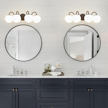 4 Lights Vintage Bathroom Vanity Light Fixtures Over Mirror, Oil Rubbed Bronze Vanity Lights For Bathroom With Milk Glass Globe Shade, Wall Lights For Bedroom, Hallway, Dressing Table(G9 Incl.)
