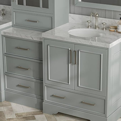 ARIEL Stafford 85 inch Bathroom Vanity Set in Grey, Double Oval Sink, 1.5" Carrara White Marble Countertops, 5 Soft Closing Doors, 6 Full Extension Dovetail Drawers, Mirror Cabinet