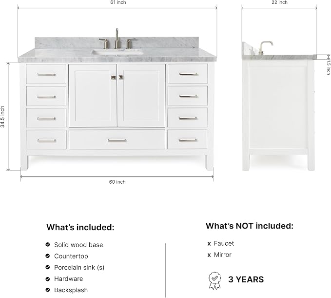ARIEL Cambridge 60-inch Bathroom Vanity with Sink,Solid Wood, 1.5-inch Italian Carrara Marble Countertop, Single Rectangular Porcelain Sink, 2 Soft Closing Doors, 9 Dovetail Drawers, White