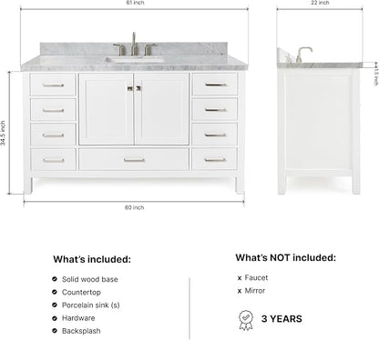 ARIEL Cambridge 60-inch Bathroom Vanity with Sink,Solid Wood, 1.5-inch Italian Carrara Marble Countertop, Single Rectangular Porcelain Sink, 2 Soft Closing Doors, 9 Dovetail Drawers, White