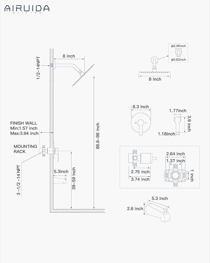 Airuida Shower Faucet Set with Tub Spout,8" Bathtub Faucet-Matte Black | Male Threads Rough-In Valve,Round Head Shower System,Tub and Shower Kit Set