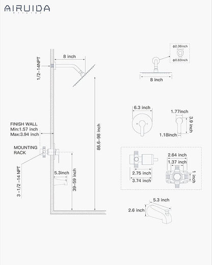 Airuida Shower Faucet Set with Tub Spout,8" Bathtub Faucet-Matte Black | Male Threads Rough-In Valve,Round Head Shower System,Tub and Shower Kit Set