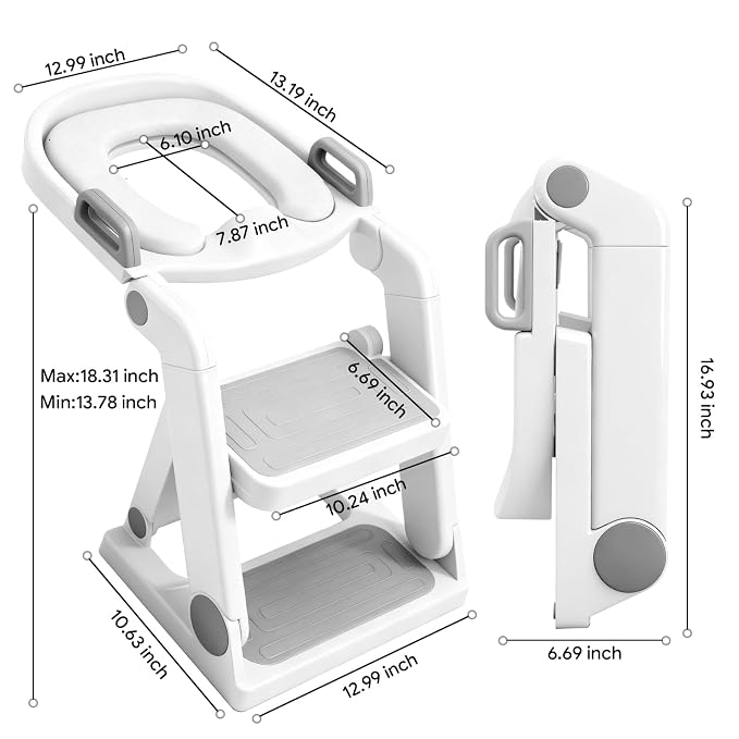 Potty Training Seat with Step Ladder for Kids Boy Girl, Grey | No Assembly Required, Toddler Toilet Training, Foldable Non-Slip Steps, Splash Guard, 2-in-1, Adjustable, Potty Ladder Chair
