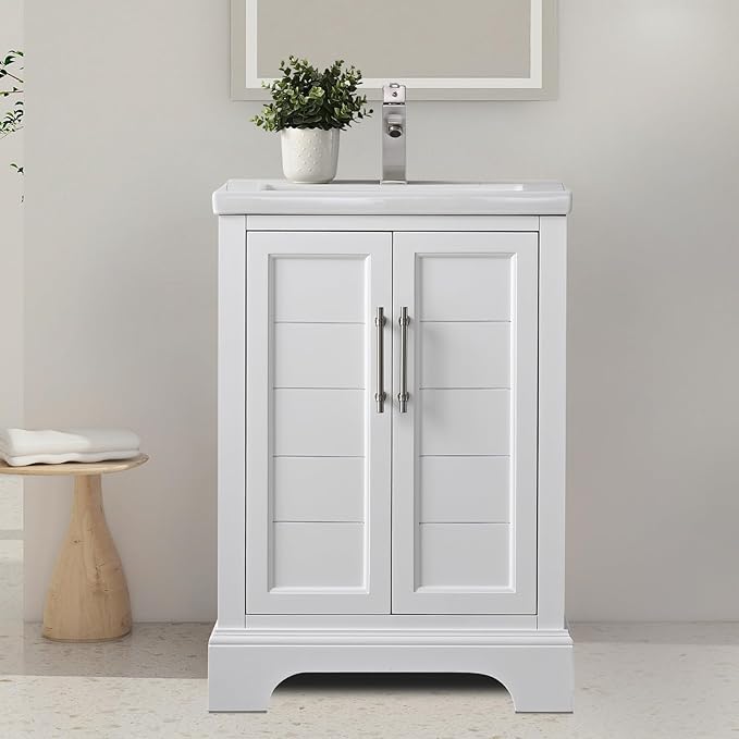 HOMEBEYOND 24 Inch Bathroom Vanity with Single Sink & Ceramic Top, Vanity Cabinet with Center Countertop Basin, Soft-Closing Doors, White