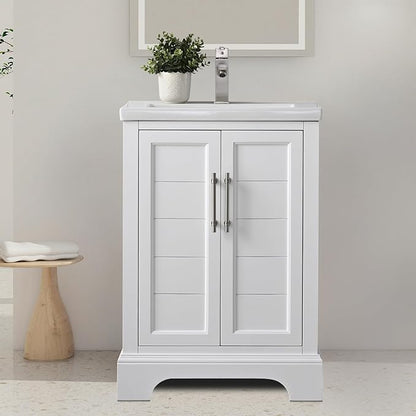 HOMEBEYOND 24 Inch Bathroom Vanity with Single Sink & Ceramic Top, Vanity Cabinet with Center Countertop Basin, Soft-Closing Doors, White