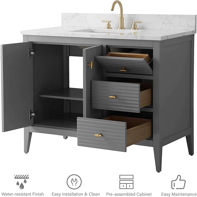 HOMEBEYOND 42" Bathroom Vanity with Sink, Solid Wood Bathroom Vanity Free-Standing Cabinet, Drawers, Ceramic Top & Soft Closing Door, Golden Brushed Handware, Cashmere Gray