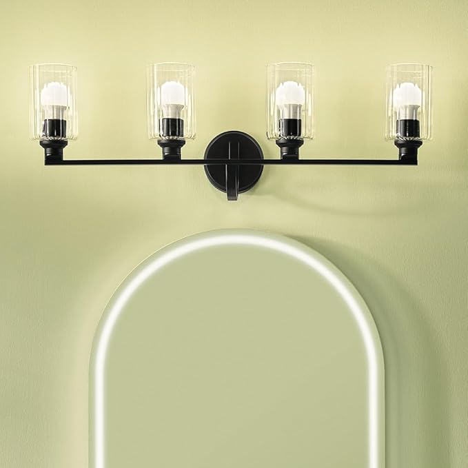 Kichler Gioe 32.25" 4-Light Vanity Light with Clear Fluted Glass in Black, Damp Rated, for Bathroom,Powder Room, Over a Mirror, (32.25" W x 10.5" H), 55227BKFLU