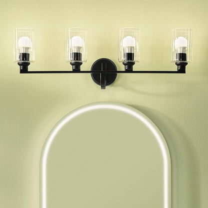 Kichler Gioe 32.25" 4-Light Vanity Light with Clear Fluted Glass in Black, Damp Rated, for Bathroom,Powder Room, Over a Mirror, (32.25" W x 10.5" H), 55227BKFLU