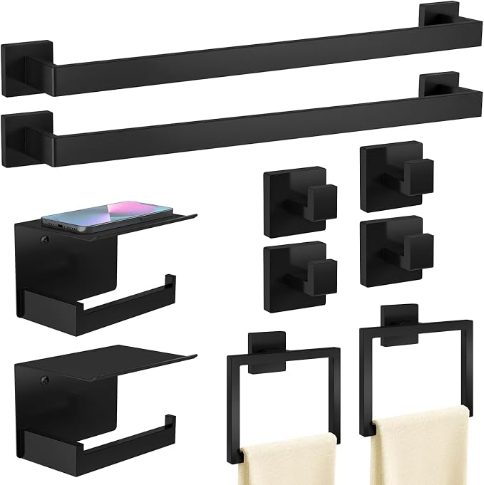 STWWO 10-Piece Matte Black Bathroom Hardware Accessories Set | 24 inch Towel Bar, Stainless Steel Towel Racks for Bathroom, Bath Towel Bar Set Wall Mounted