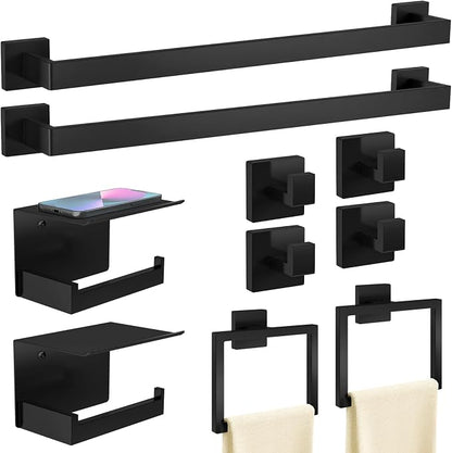 STWWO 10-Piece Matte Black Bathroom Hardware Accessories Set | 24 inch Towel Bar, Stainless Steel Towel Racks for Bathroom, Bath Towel Bar Set Wall Mounted