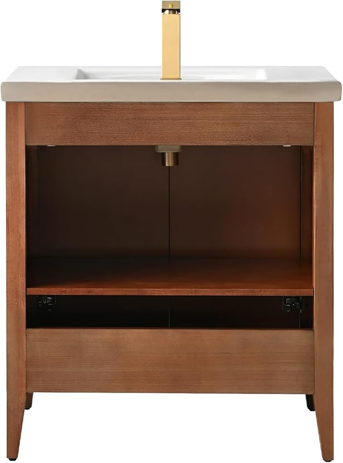 Vanity Art 30 inch Bathroom Vanity with Single Sink & Ceramic Top, Vanity Cabinet with Soft-Closing Door, Solid Wood Frame, Linear Pattern, Walnut, Golden Brushed Handware VA9130-Walnut-GB