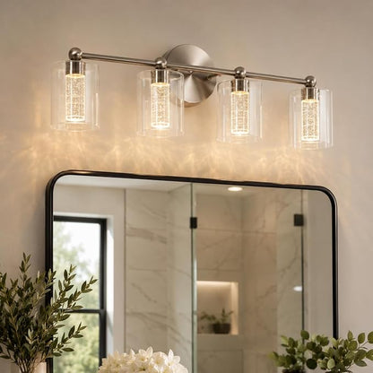 Brushed Nickel Vanity Light with 3 Color Modes, Eye Protection LED Bathroom Light Fixtures, Dimmable Modern Wall Light Over Mirror with Clear Glass Shade (Brushed Nickel, 4-Light)