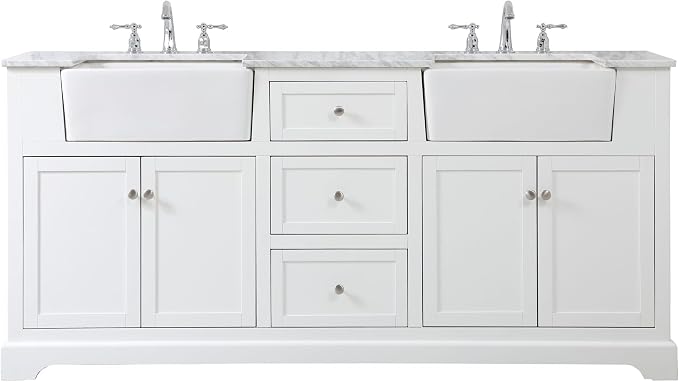 72" Pre-Assembled Bathroom Vanity with Sink, Solid Birch and MDF, Carrara White Marble Countertop Attached, Double Rectangle Porcelain Sink, 3 Soft-Close Drawers, White