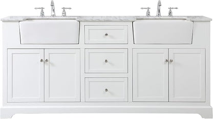 72" Pre-Assembled Bathroom Vanity with Sink, Solid Birch and MDF, Carrara White Marble Countertop Attached, Double Rectangle Porcelain Sink, 3 Soft-Close Drawers, White