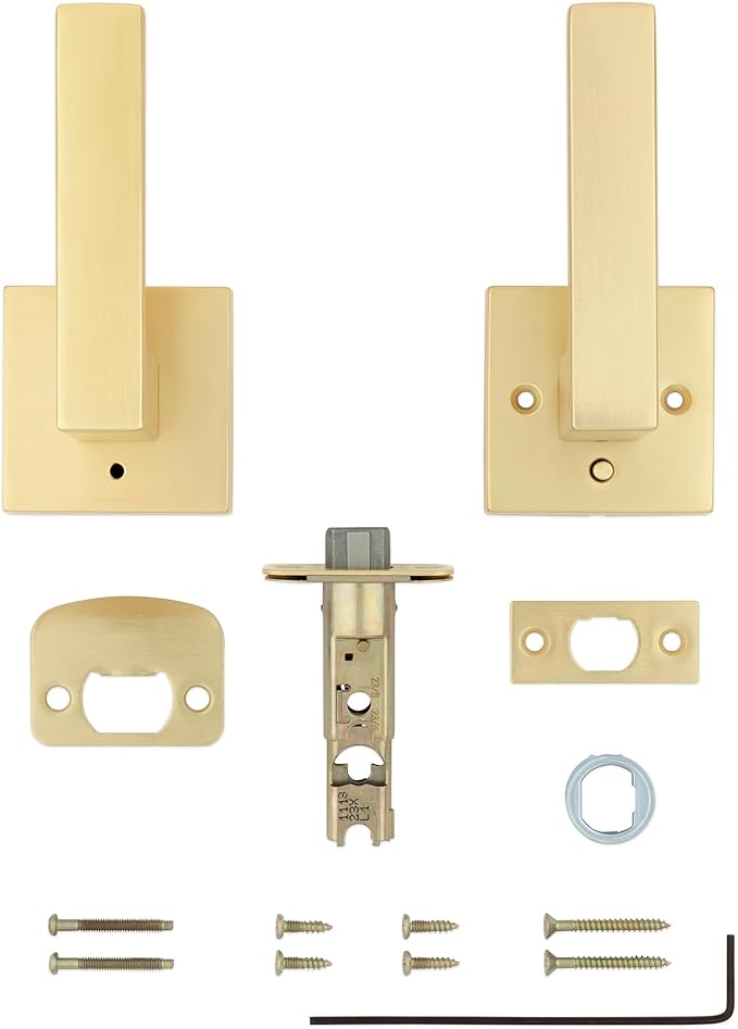 Kwikset Singapore Interior Privacy Door Handle with Lock, Door Lever for Bathroom and Bedroom, Satin Brass Reversible Keyless Push Button Lock Door Lever, with Microban Protection