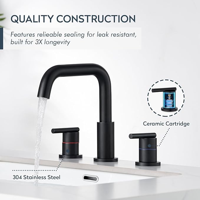 Black Bathroom Faucet 3 Hole, Widespread 8-Inch Bathroom Sink Vanity Utility Sink Faucet for with Full-Metal Pop-Up Drain, Matte Black