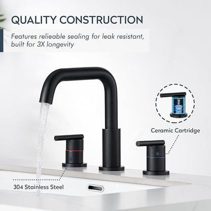 Black Bathroom Faucet 3 Hole, Widespread 8-Inch Bathroom Sink Vanity Utility Sink Faucet for with Full-Metal Pop-Up Drain, Matte Black