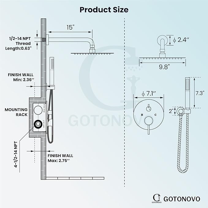 gotonovo Shower System 10 Inch Round Rainfall Showerhead Wall Mounted High Pressure Shower Faucet Set Fixture Combo with Rough in Valve and Cylindrical Handheld Spray, Oil Rubbed Bronze