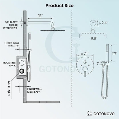 gotonovo Shower System 10 Inch Round Rainfall Showerhead Wall Mounted High Pressure Shower Faucet Set Fixture Combo with Rough in Valve and Cylindrical Handheld Spray, Oil Rubbed Bronze