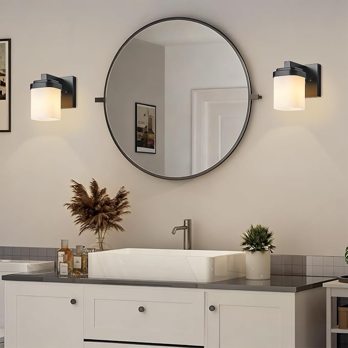 Bathroom Light Fixtures, Vanity Lights Wall Sconces Set of Two | 1-light black bathroom llight fixtures over mirror with milky white square glass shade, 4.72" farmhouse bathroom wall lamps