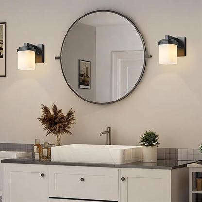 Bathroom Light Fixtures, Vanity Lights Wall Sconces Set of Two | 1-light black bathroom llight fixtures over mirror with milky white square glass shade, 4.72" farmhouse bathroom wall lamps