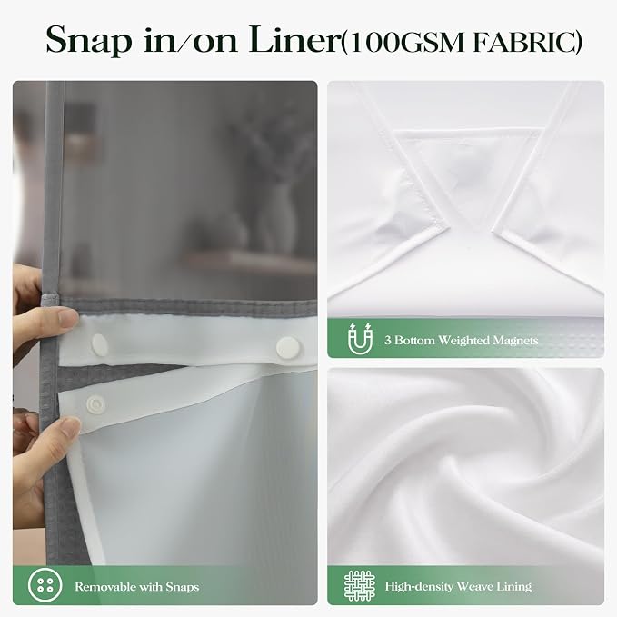Grey Hook Free Waffle Shower Curtain & Snap-in Fabric Liner,72x75 | Less Time to install, 3 in 1 Fabric Shower Curtain and Liner Set with Magnets, Mesh Top Window, Shower Curtains for Bathroom