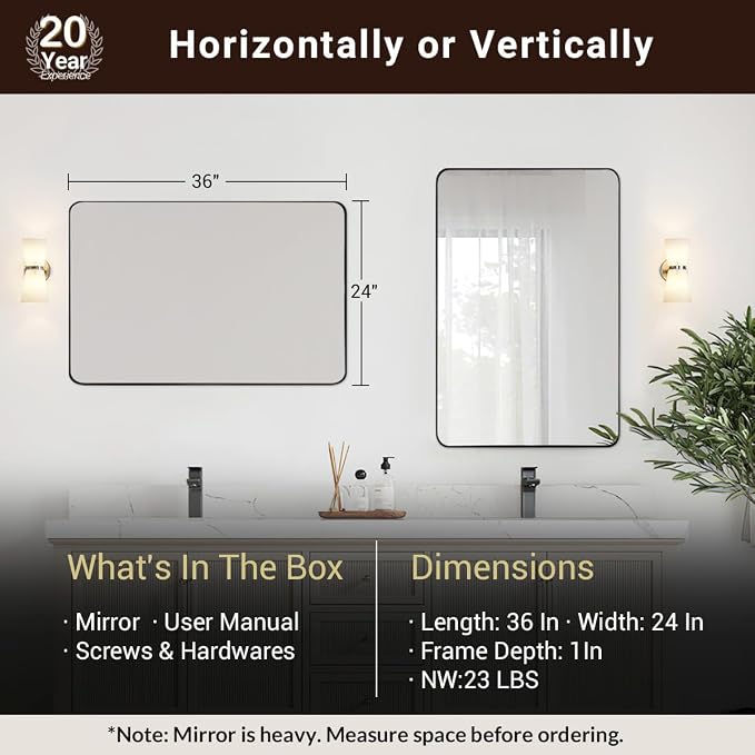 Wall Mirror for Bathroom, 24x36 Inch Black Bathroom Mirror, Stainless Steel Metal Frame with Rounded Corner, Rectangle Glass Panel Wall Mounted Mirror Decorative for Bathroom