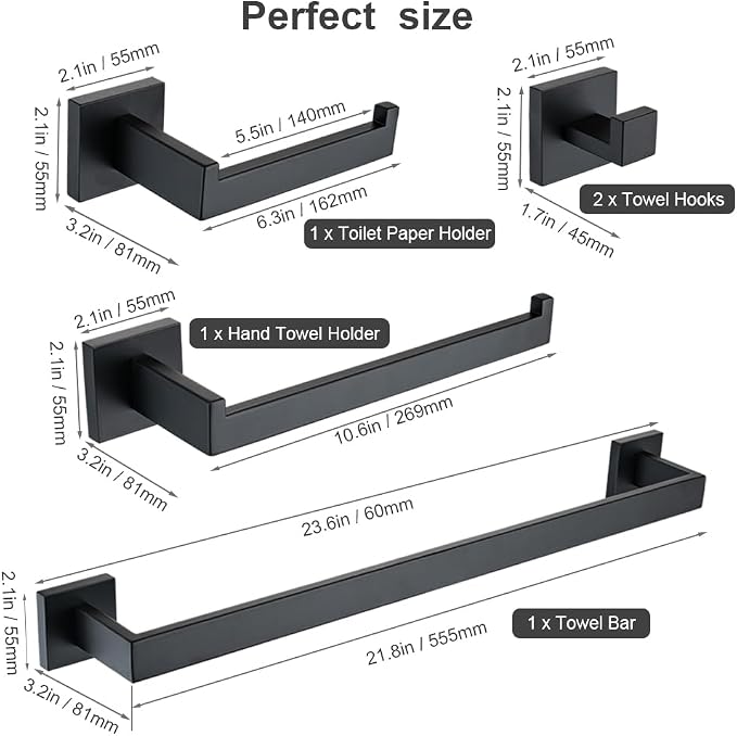 5-Piece Bathroom Hardware Set, 23.6 in Towel Bar, Matte Black | 304 stainless steel, towel ring, toilet paper holder, 2 robe hooks, wall-mounted, installation hardware included
