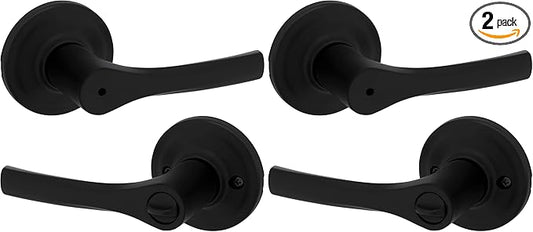 Kwikset Henley Interior Privacy Door Handle with Lock, Door Lever for Bathroom and Bedroom, Matte Black Reversible Keyless Turn Lock, with Microban Protection (Pack of 2)