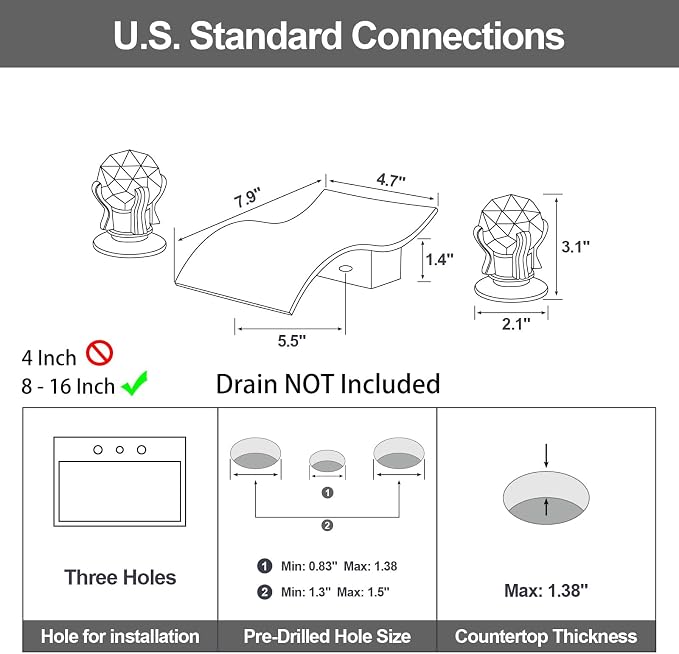 Widespread Bathroom Sink Faucet with Crystal Knob 3 Hole Waterfall Vanity Faucet 8 Inch Crystal Bathroom Faucets Deck Mount Basin Mixer Tap with Hose, Chrome
