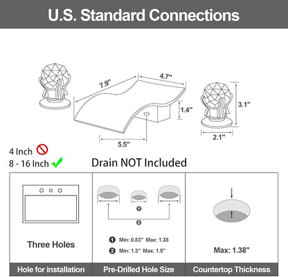 Widespread Bathroom Sink Faucet with Crystal Knob 3 Hole Waterfall Vanity Faucet 8 Inch Crystal Bathroom Faucets Deck Mount Basin Mixer Tap with Hose, Chrome