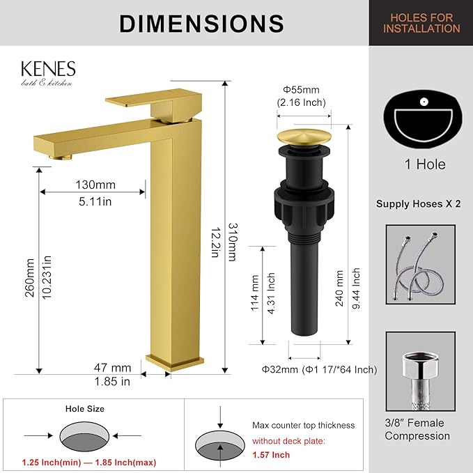 KENES Brushed Gold Tall Bathroom Faucet, Single Handle Vessel Sink Faucet Gold Vanity Bathroom Faucet with Supply Lines and Pop Up Sink Drain, LJ-9031A-4